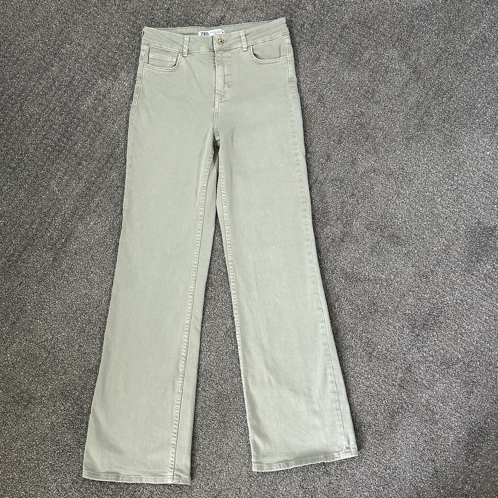 ZARA Wide Leg Jeans Women's  4 X 32"Green/Gray Denim High Rise Stretch EUC